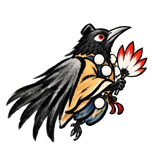 A tengu in sumi-e ink, black feathers and a yellow robe, flapping upward with a red and white feather fan